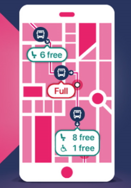 A screenshot of an app displaying live tracking of available wheelchair spaces on board buses