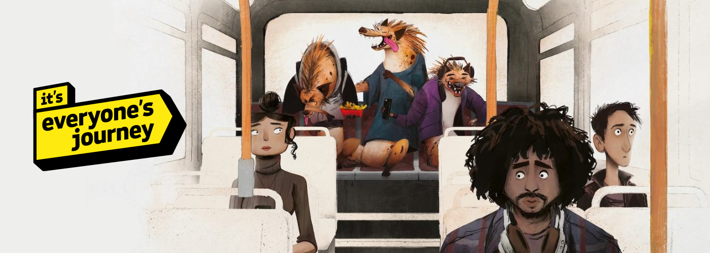A cartoon showing three hyenas sitting at the back of a bus laughing, whilst people sitting further forwards on the bus look worried